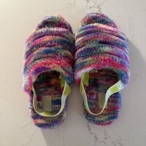 UGG Women's Size 6 Fluff Yeah Slide Pink Pixelate Rainbow EUC